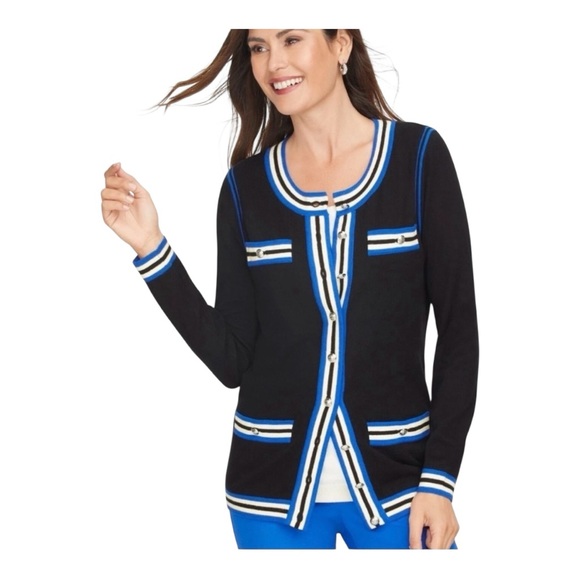 Talbots Sweaters - Talbots Black Cardigan with Blue/White Stripes, P2P:19”, L:26.5”